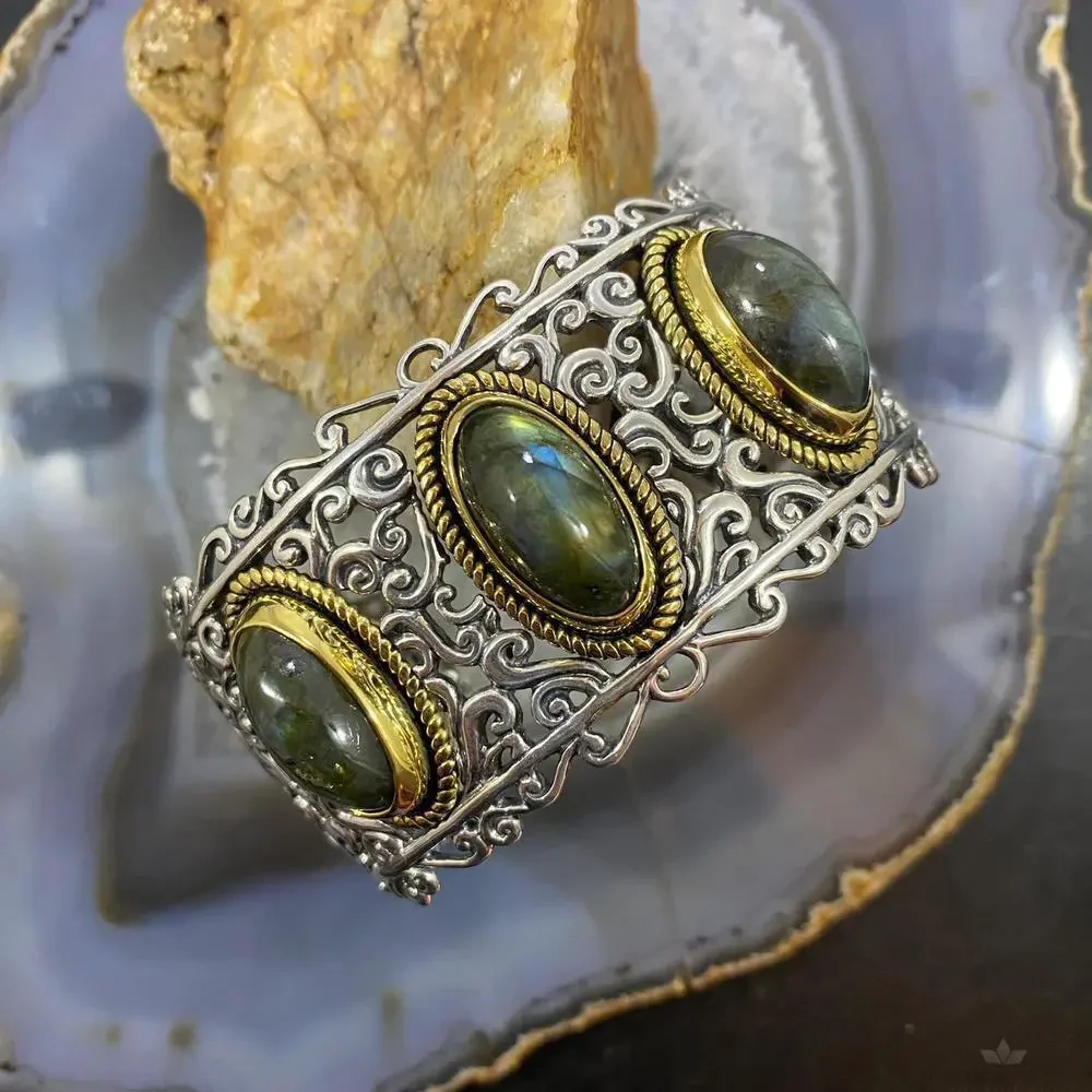 Carolyn Pollack Sterling Silver & Brass 3 Oval Labradorite Decorated Bracelet